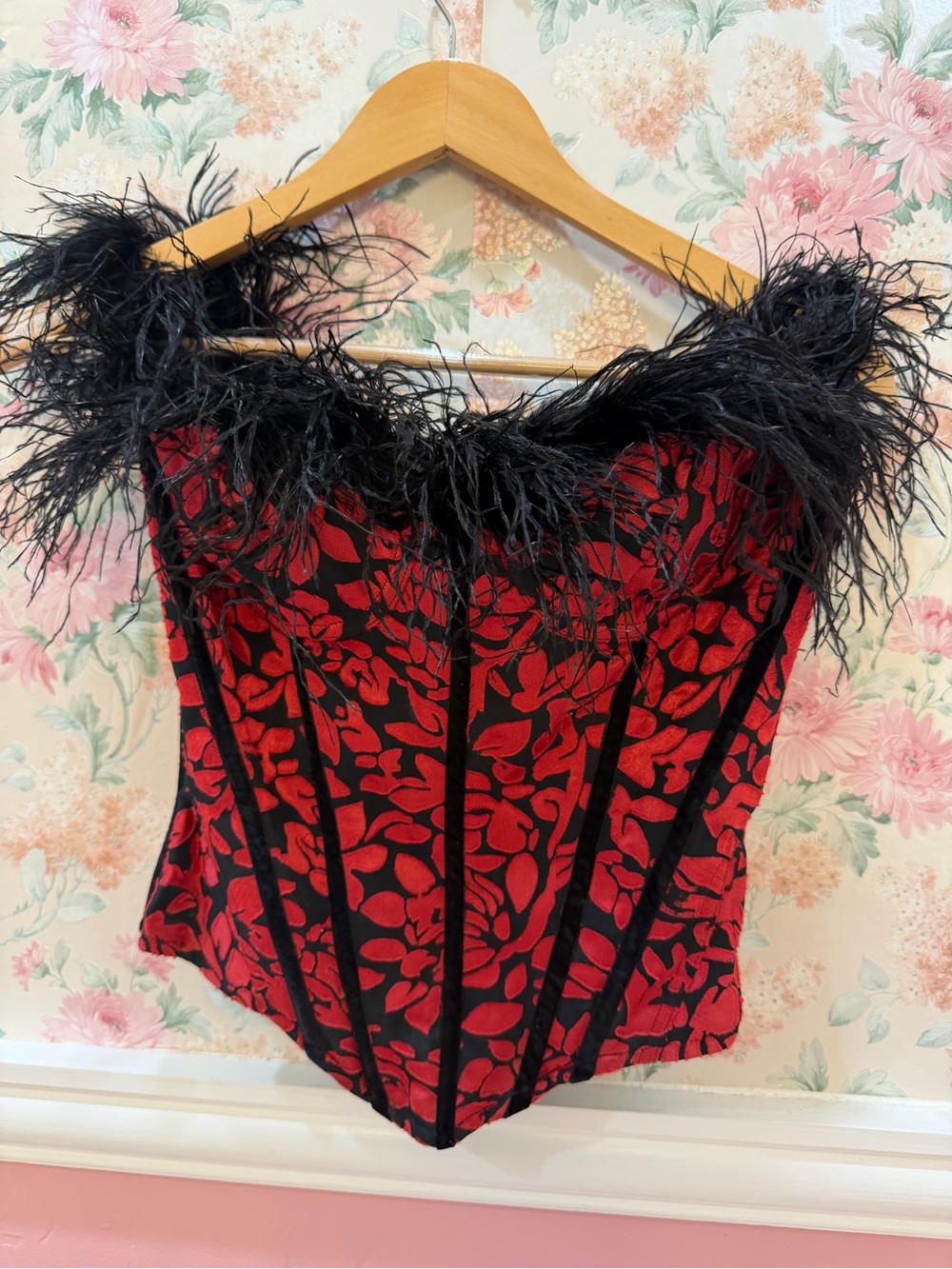 Frederick's of Hollywood Red and Black Feather-Trim Bustier Bodysuit